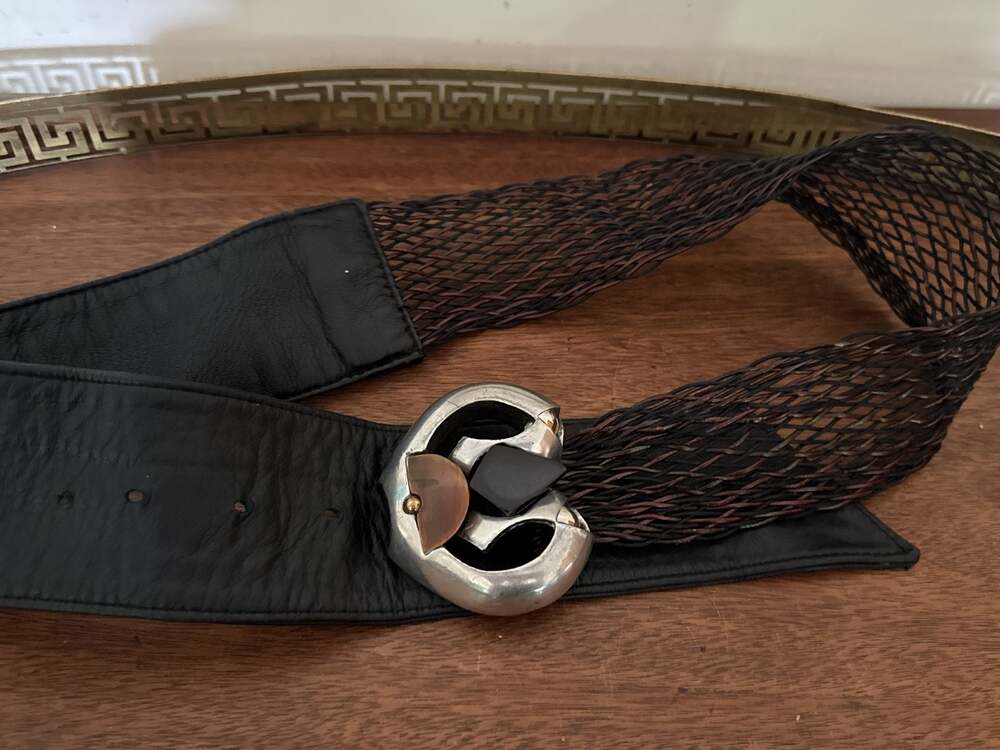 Vintage 80s Wide Leather and Woven Cinch Belt with Abstract Silver Tone Buckle